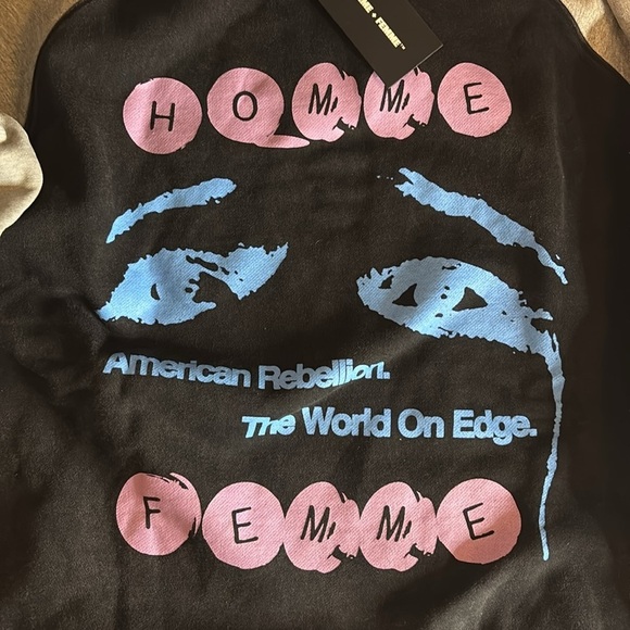 Homme Femme Teary Eye Graphic Hoodie - Black and Gray with Blue and Pink Accents - Picture 3 of 5